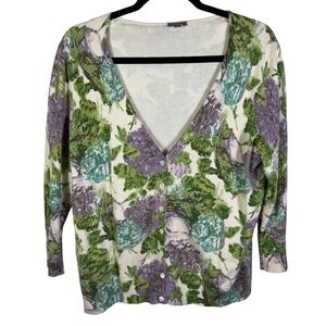 Ann Taylor Silk Cashmere Blend Floral Cardigan Sweater XL Purple Green Botanical